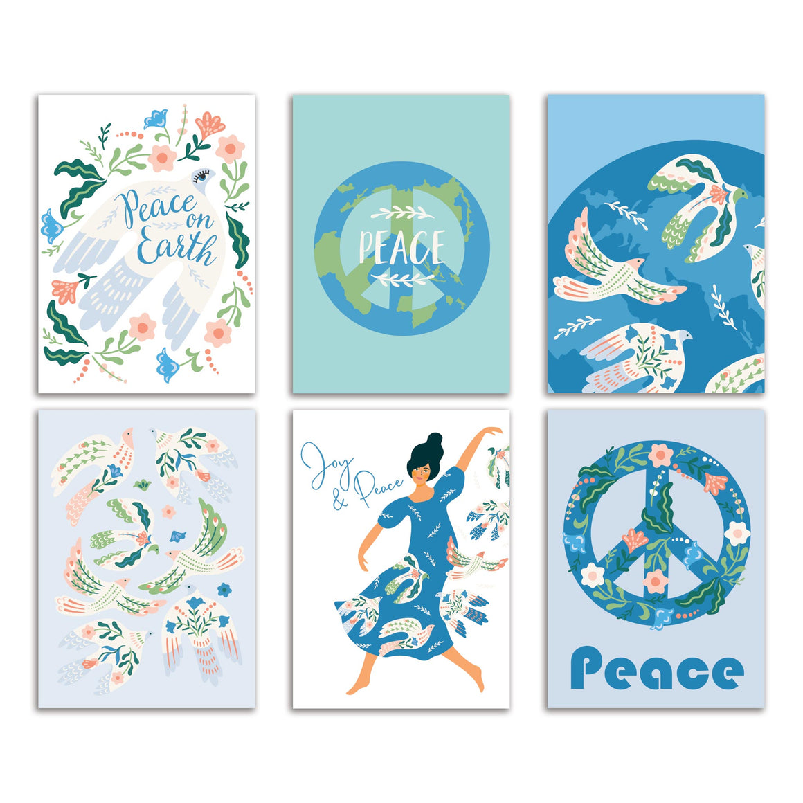 24 Blue Peace on Earth Holiday Cards in 6 Folksy Designs + Envelope