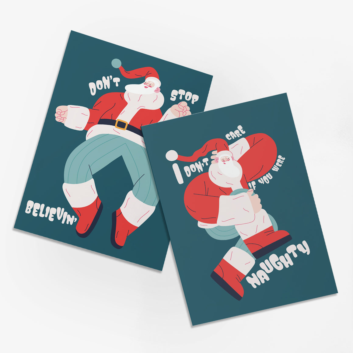 24 Don't Stop Believing in Santa Dancing Christmas Cards in 2 Modern Illustrations + Envelopes