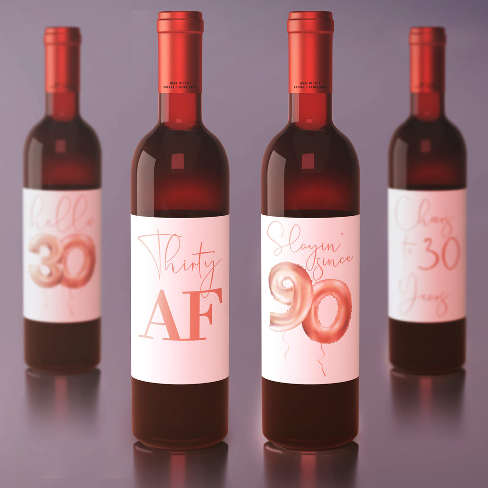 30th Birthday Rose Gold Balloon Wine Labels - 4 Pack - Ritzy Rose